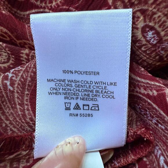 Express Burgundy Paisley Long Sleeve Sheer Button Front Blouse Large Office Fall - Picture 7 of 7